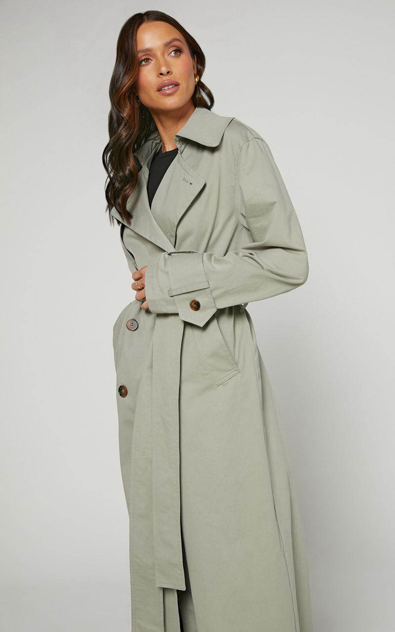 Showpo Avah Trench Coat - Double Breasted Tie Waist Coat Washed Khaki | BOLXDH830