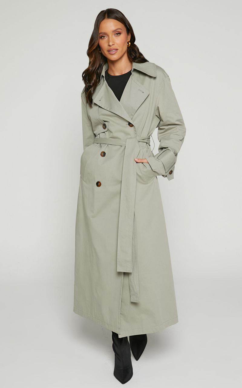 Showpo Avah Trench Coat - Double Breasted Tie Waist Coat Washed Khaki | BOLXDH830