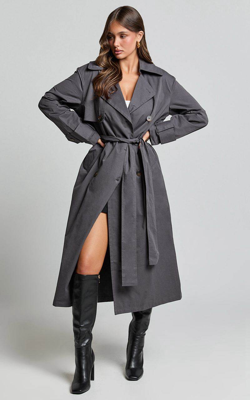 Showpo Avah Trench Coat - Double Breasted Tie Waist Coat Charcoal | KIUVJT189