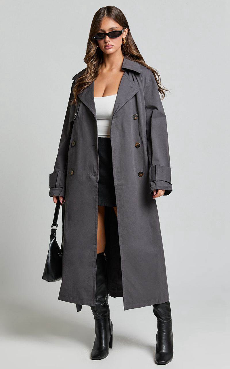 Showpo Avah Trench Coat - Double Breasted Tie Waist Coat Charcoal | KIUVJT189