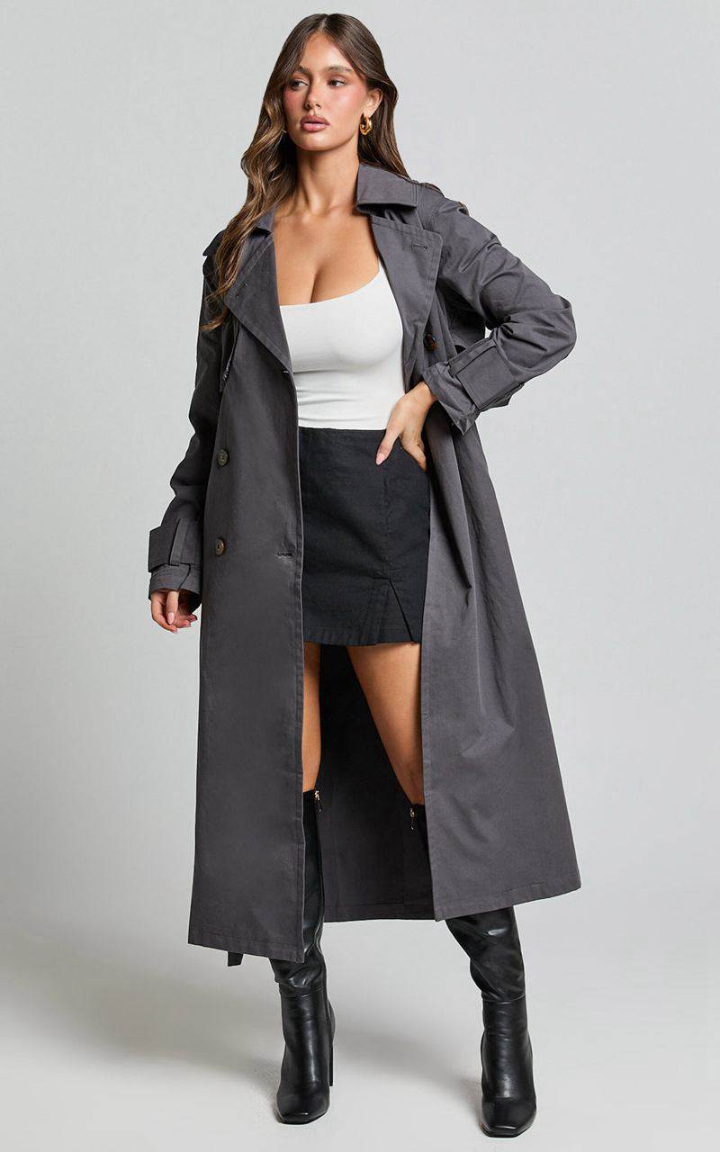 Showpo Avah Trench Coat - Double Breasted Tie Waist Coat Charcoal | KIUVJT189