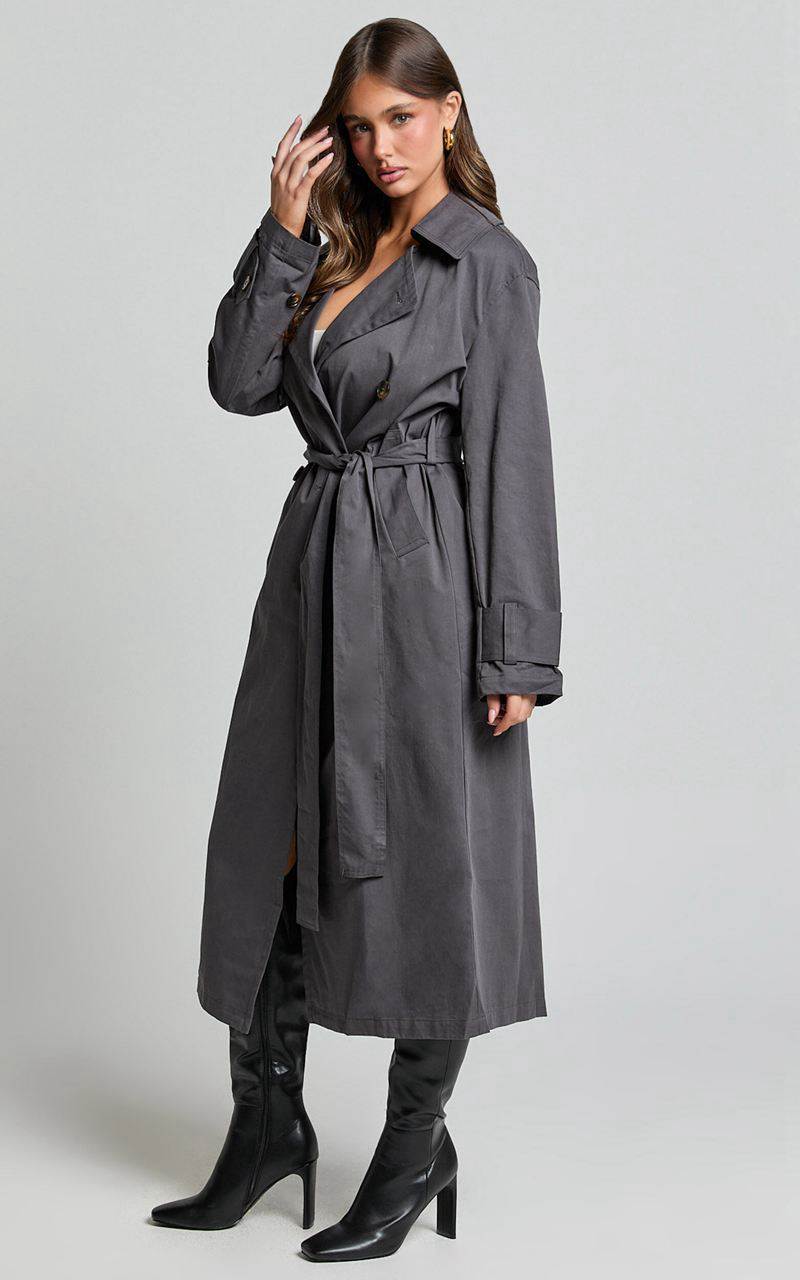 Showpo Avah Trench Coat - Double Breasted Tie Waist Coat Charcoal | KIUVJT189