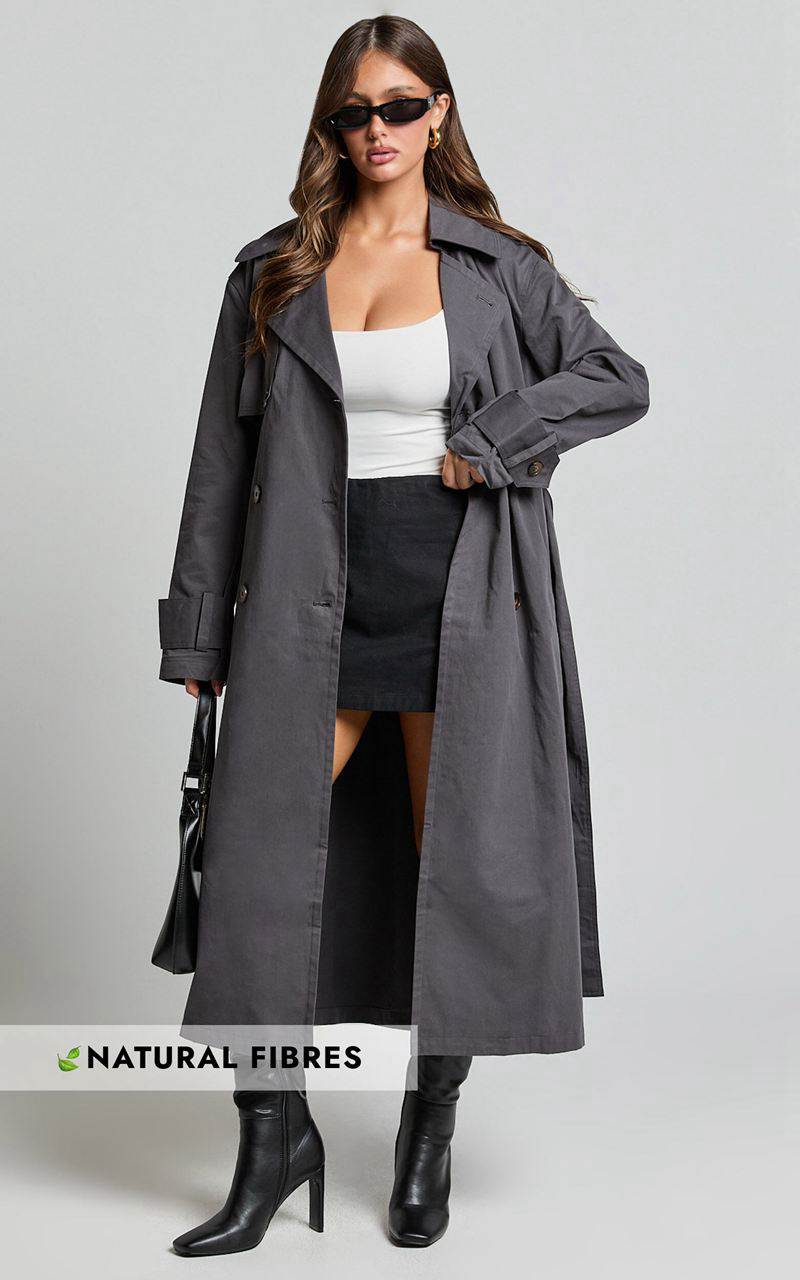 Showpo Avah Trench Coat - Double Breasted Tie Waist Coat Charcoal | KIUVJT189