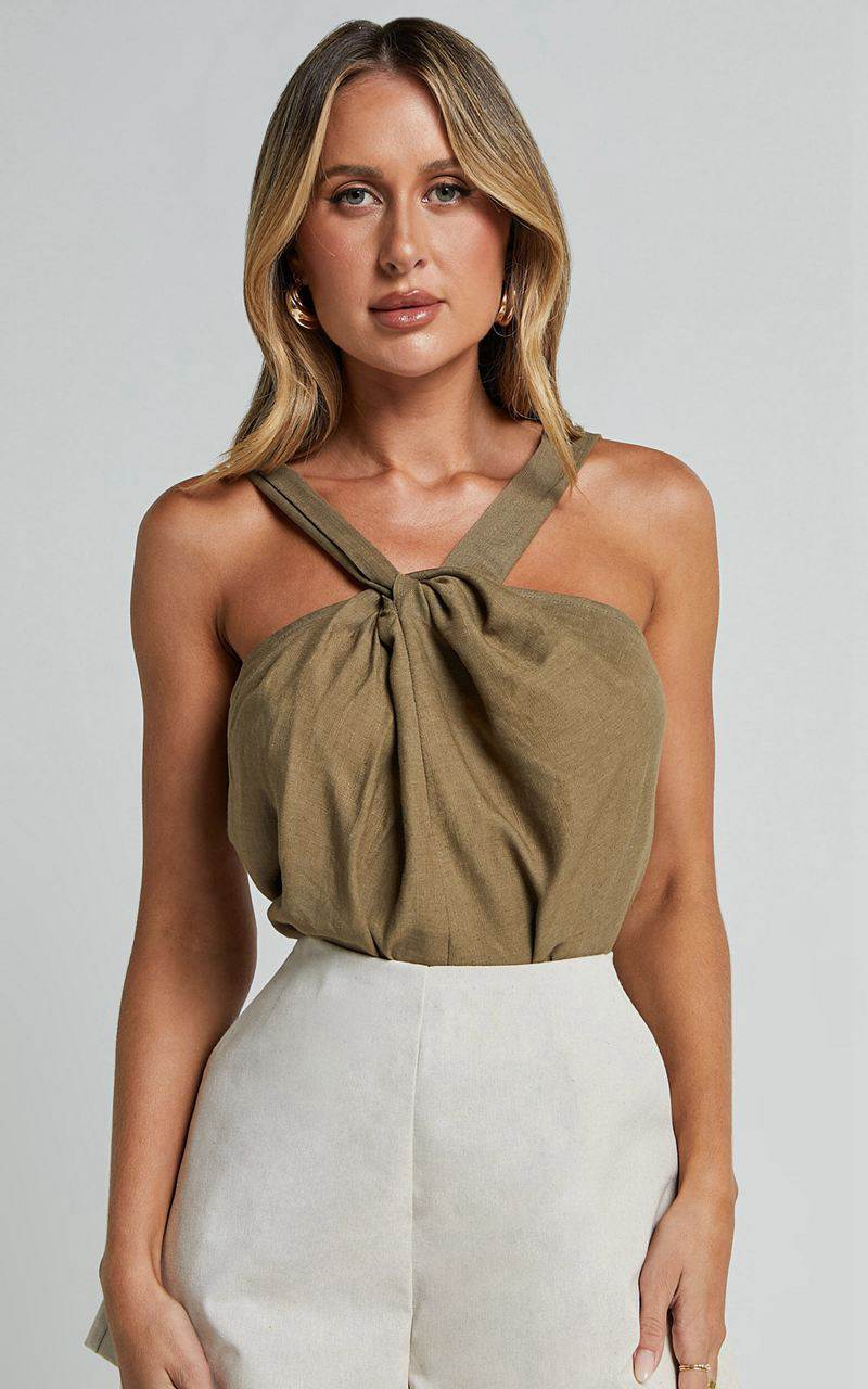 Showpo Avayah Top - Linen Look Twist Halter Neck Dark Olive | EALWBT549