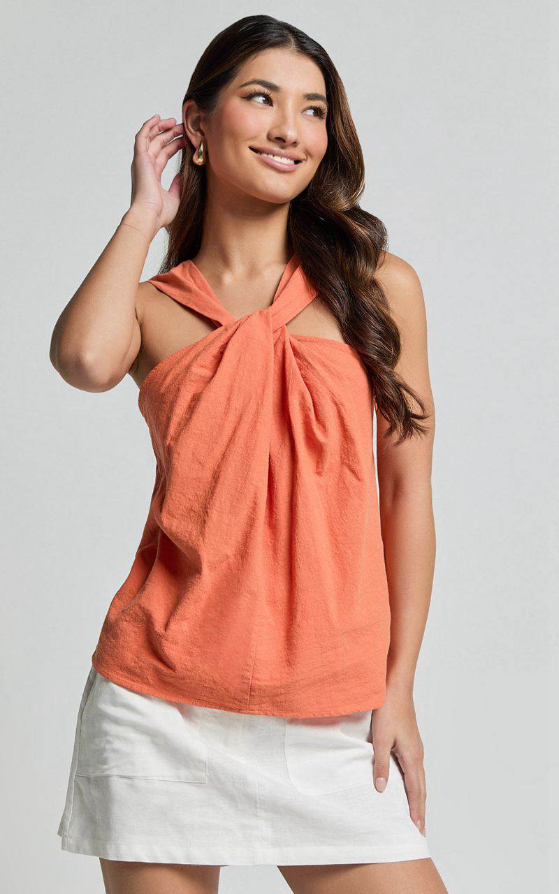 Showpo Avayah Top - Linen Look Twist Halter Neck Burnt Orange | IMRVFZ987