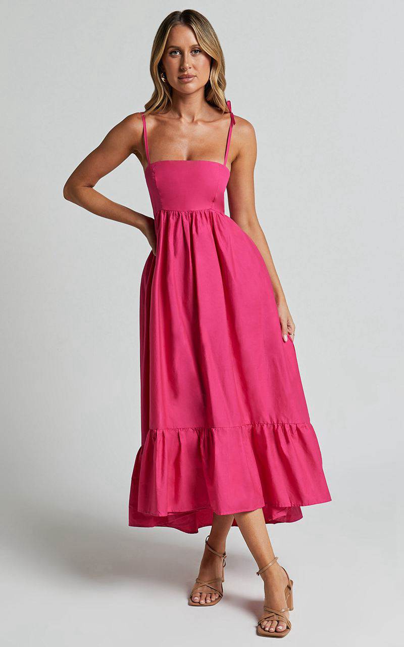 Showpo Aveiro Midi Dress - Straight Neck Shoulder Tie High Low Ruffle Hem Raspberry | UEGRSO328