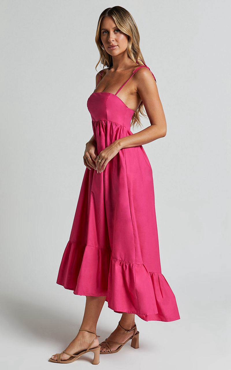 Showpo Aveiro Midi Dress - Straight Neck Shoulder Tie High Low Ruffle Hem Raspberry | UEGRSO328