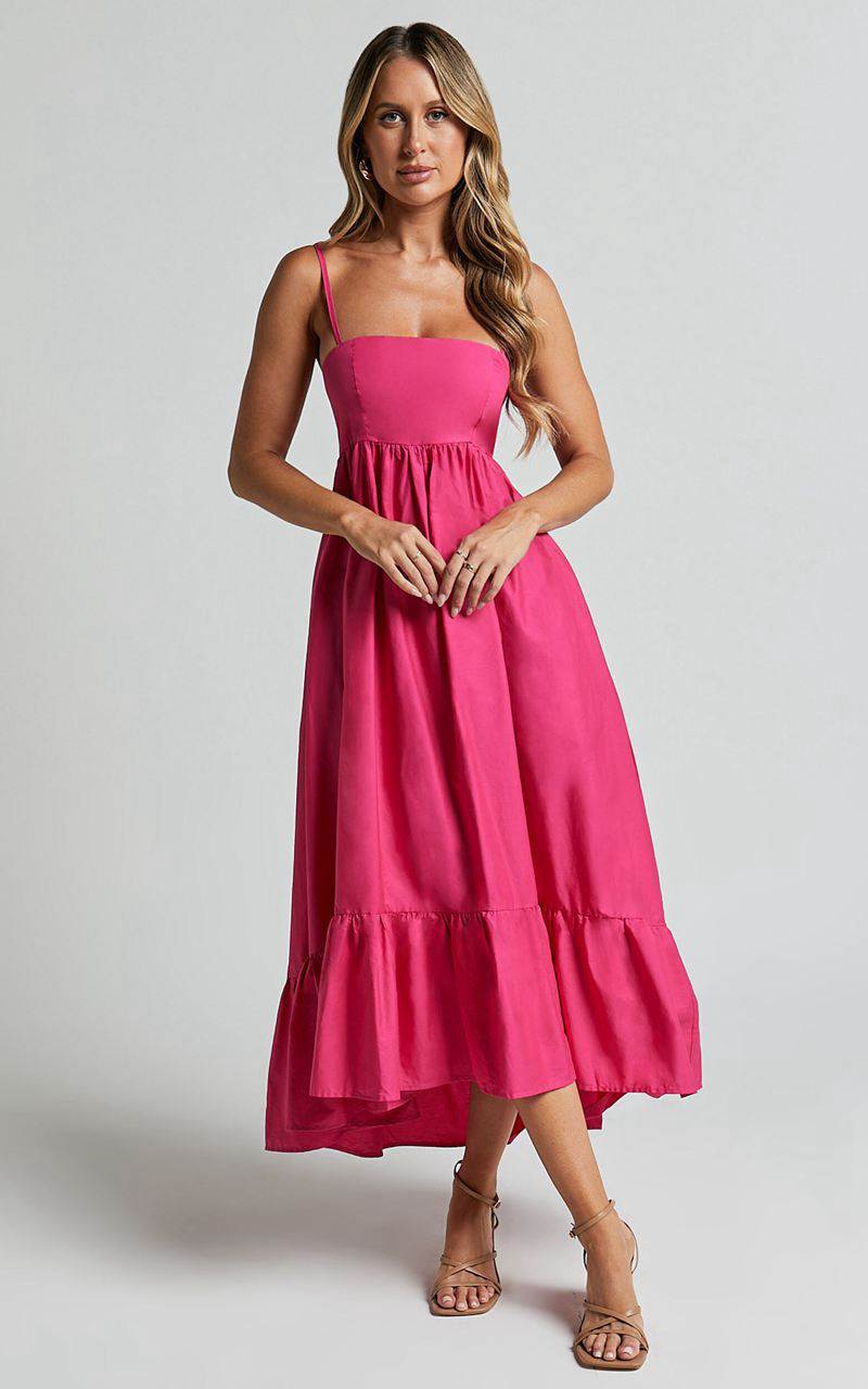 Showpo Aveiro Midi Dress - Straight Neck Shoulder Tie High Low Ruffle Hem Raspberry | UEGRSO328