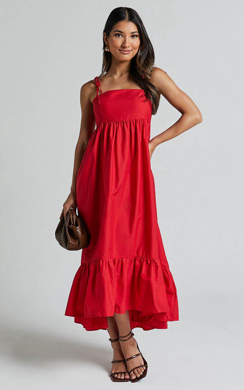 Showpo Aveiro Midi Dress - Straight Neck Shoulder Tie High Low Ruffle Hem Red | ULCOYI892