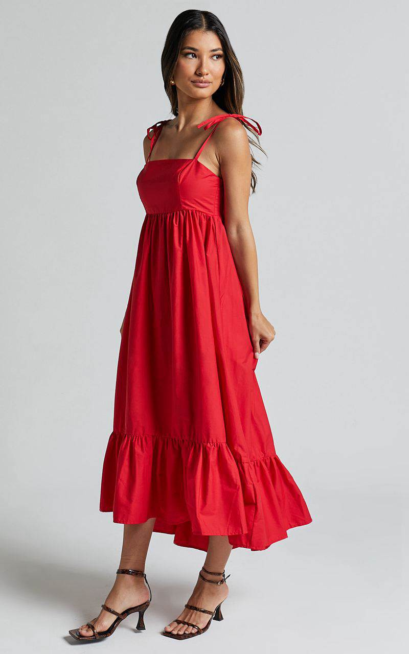 Showpo Aveiro Midi Dress - Straight Neck Shoulder Tie High Low Ruffle Hem Red | ULCOYI892