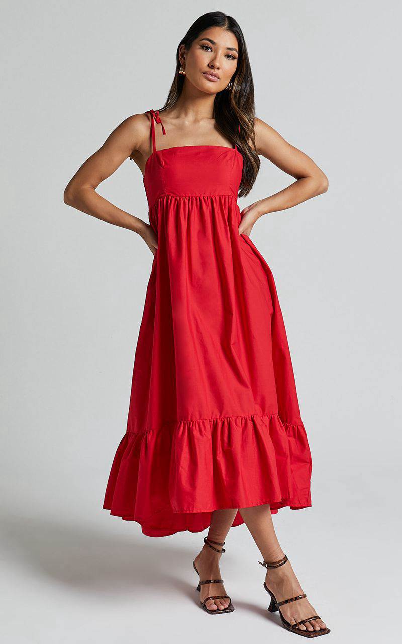 Showpo Aveiro Midi Dress - Straight Neck Shoulder Tie High Low Ruffle Hem Red | ULCOYI892