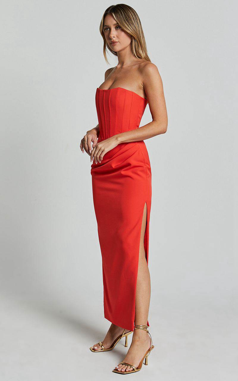 Showpo Avery Midi Dress - Strapless Draped Side Split Dress Orange | IXUGOT407