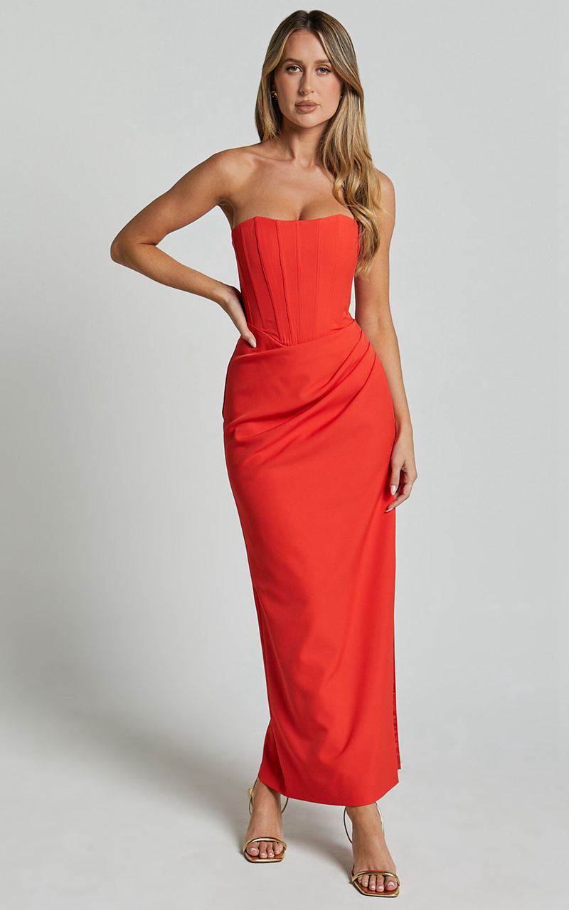 Showpo Avery Midi Dress - Strapless Draped Side Split Dress Orange | IXUGOT407