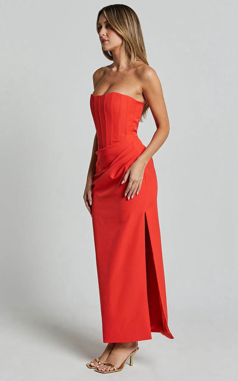 Showpo Avery Midi Dress - Strapless Draped Side Split Dress Orange | IXUGOT407