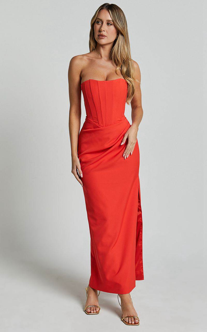 Showpo Avery Midi Dress - Strapless Draped Side Split Dress Orange | IXUGOT407