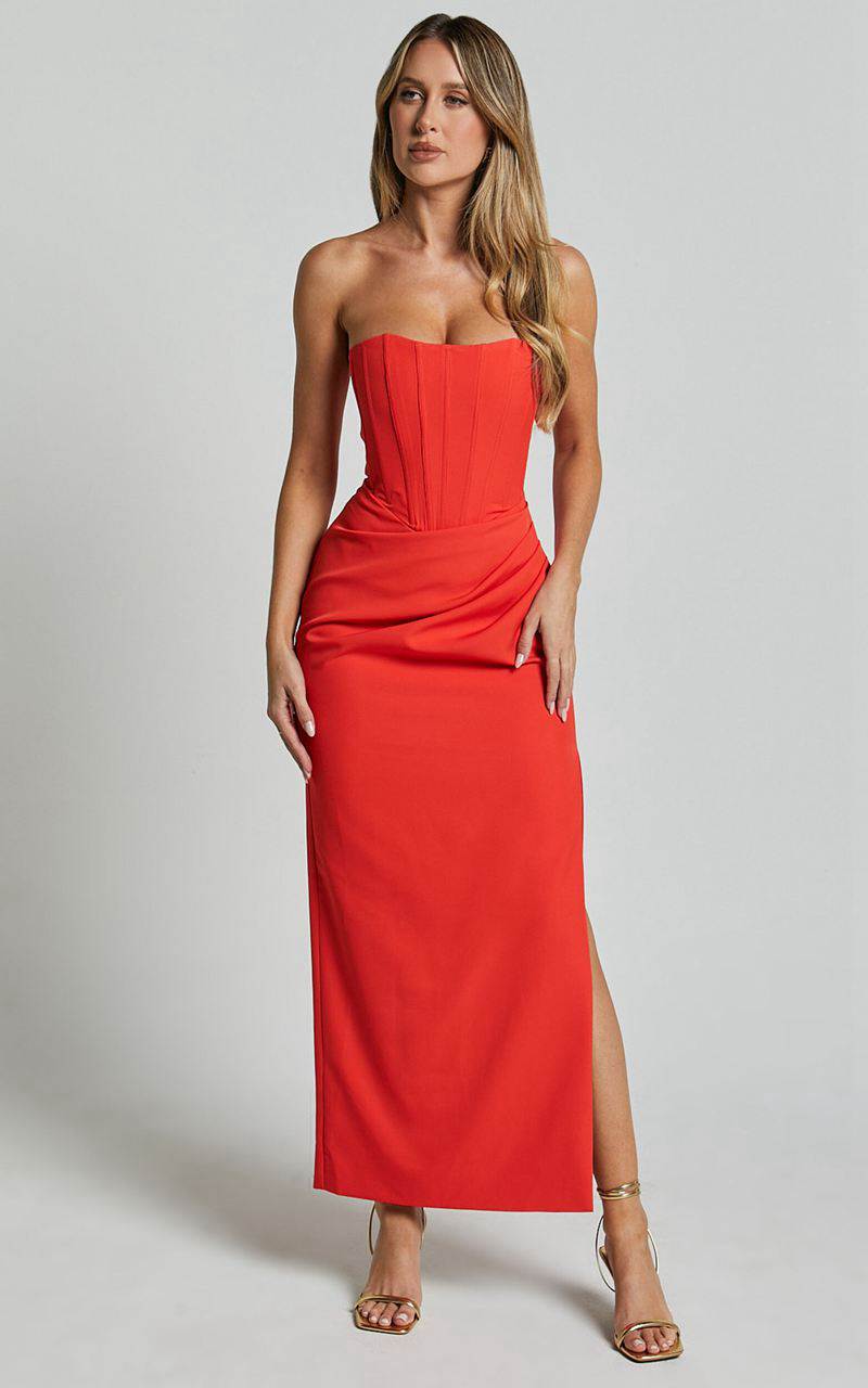 Showpo Avery Midi Dress - Strapless Draped Side Split Dress Orange | IXUGOT407