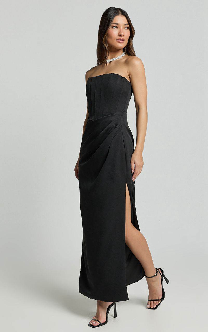 Showpo Avery Midi Dress - Strapless Draped Side Split Dress Black | PQBEVJ687