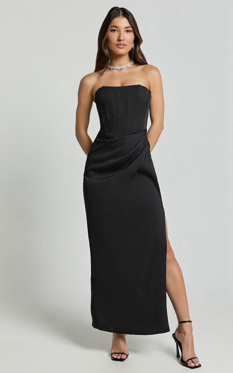 Showpo Avery Midi Dress - Strapless Draped Side Split Dress Black | PQBEVJ687