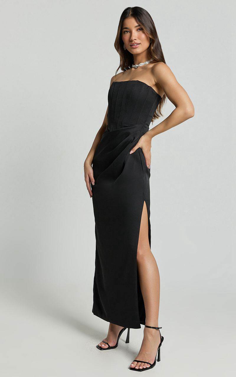 Showpo Avery Midi Dress - Strapless Draped Side Split Dress Black | PQBEVJ687