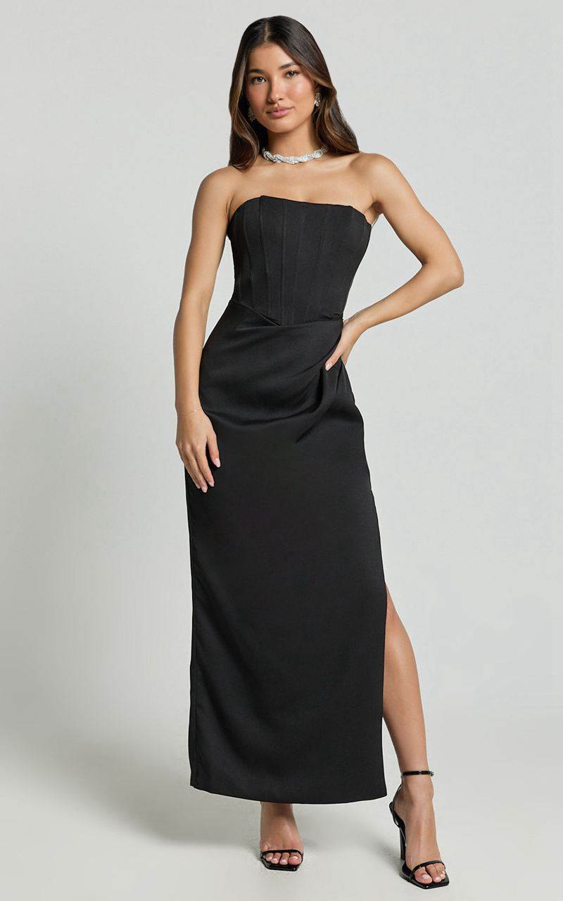 Showpo Avery Midi Dress - Strapless Draped Side Split Dress Black | PQBEVJ687