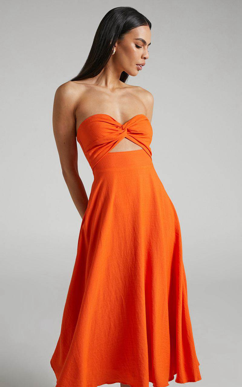 Showpo Avie Midi Dress - Twist Strapless Cocktail Dress Orange | UVPDNZ864