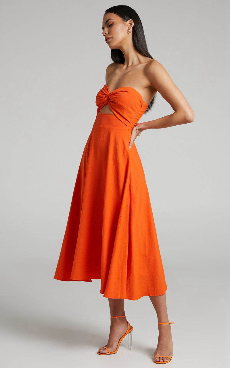 Showpo Avie Midi Dress - Twist Strapless Cocktail Dress Orange | UVPDNZ864