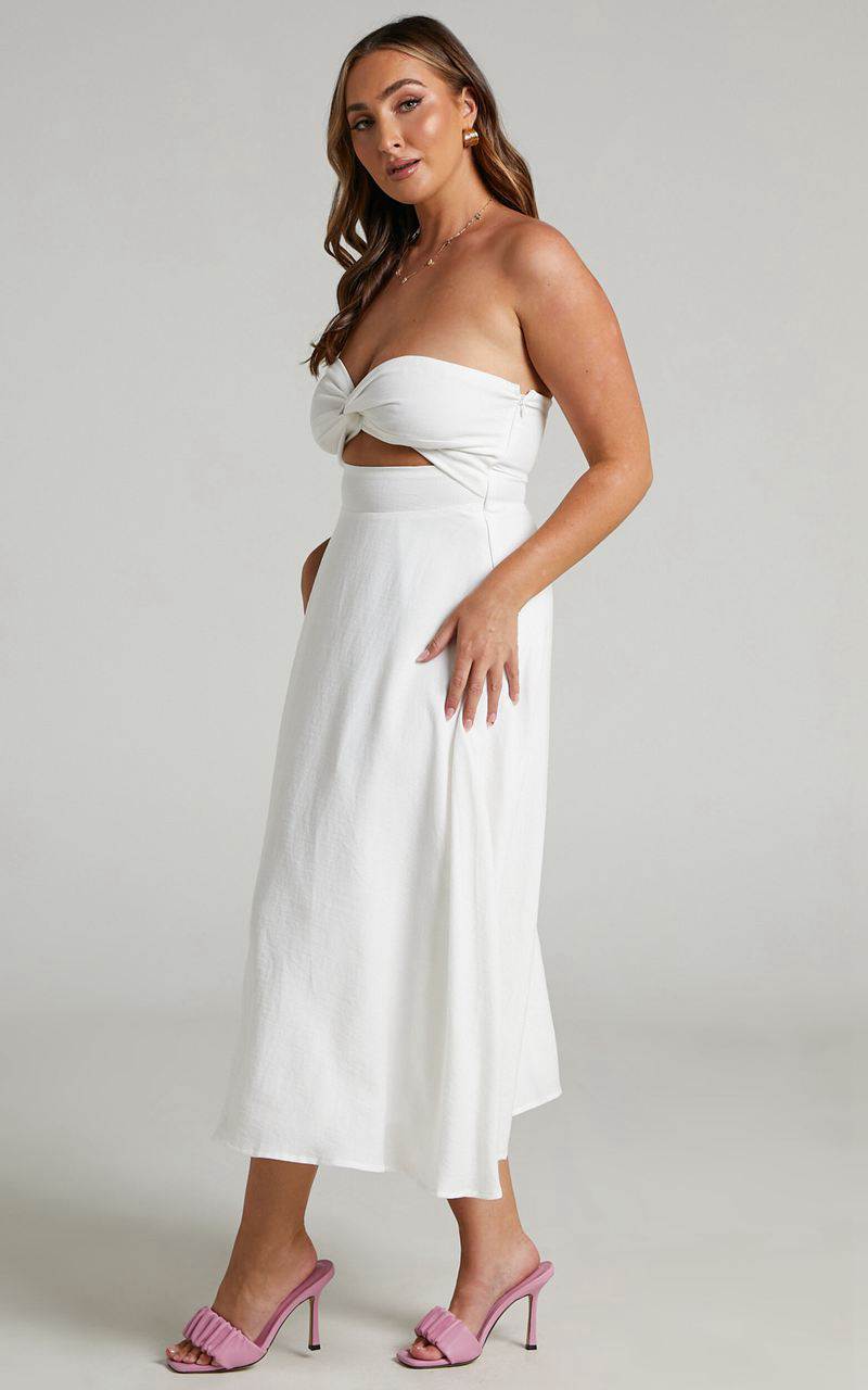 Showpo Avie Midi Dress - Twist Strapless Cocktail Dress Off-White | SGLREN157