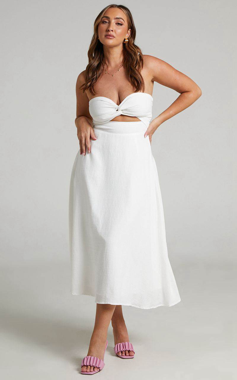 Showpo Avie Midi Dress - Twist Strapless Cocktail Dress Off-White | SGLREN157