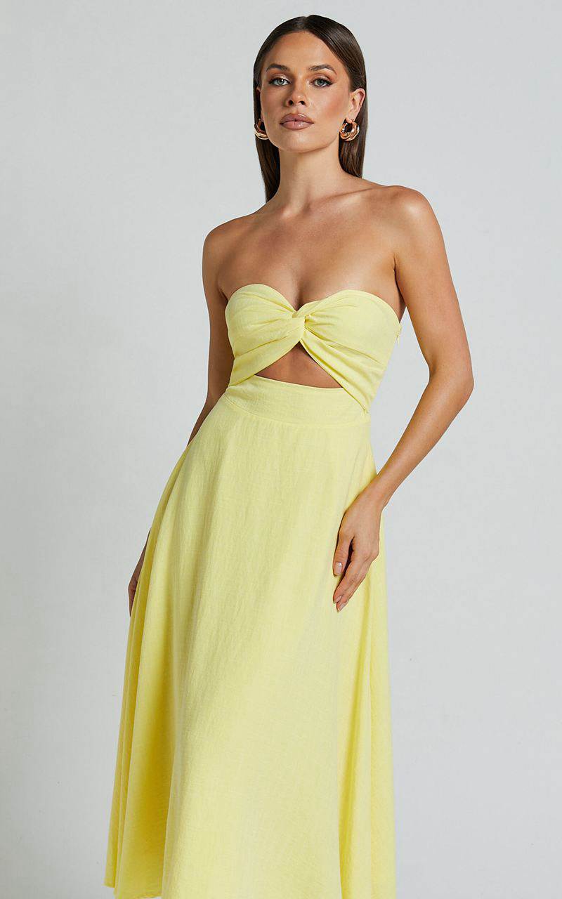 Showpo Avie Midi Dress - Twist Strapless Cocktail Dress Lemon | UHFCNO879