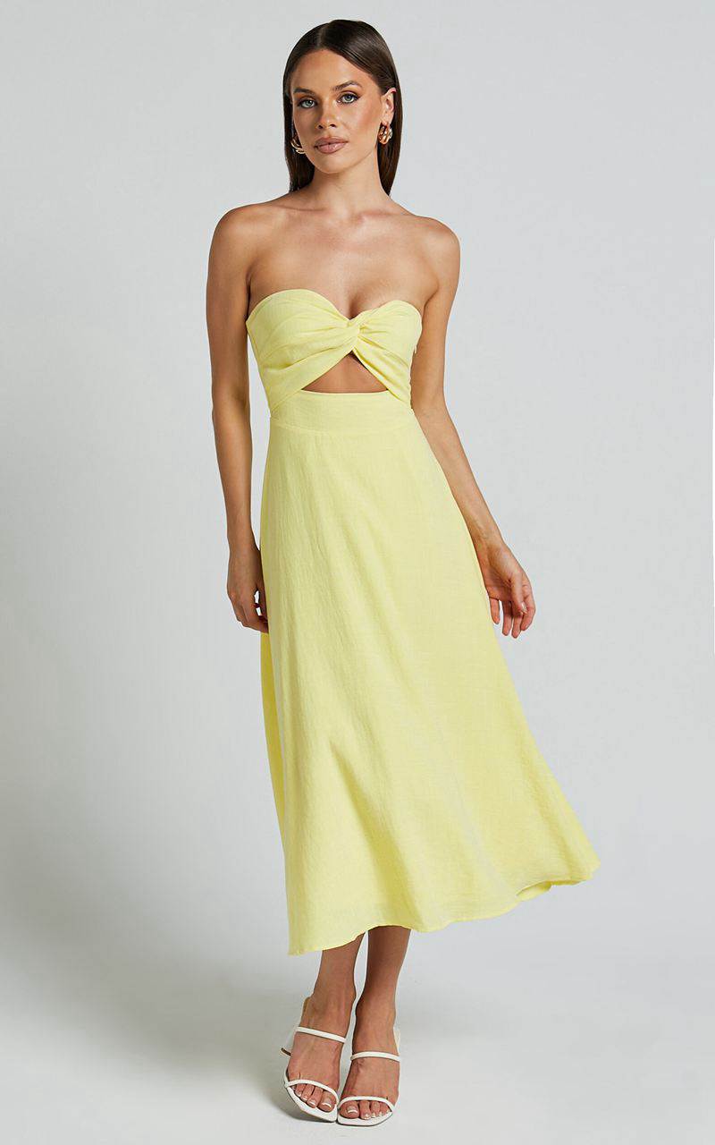 Showpo Avie Midi Dress - Twist Strapless Cocktail Dress Lemon | UHFCNO879