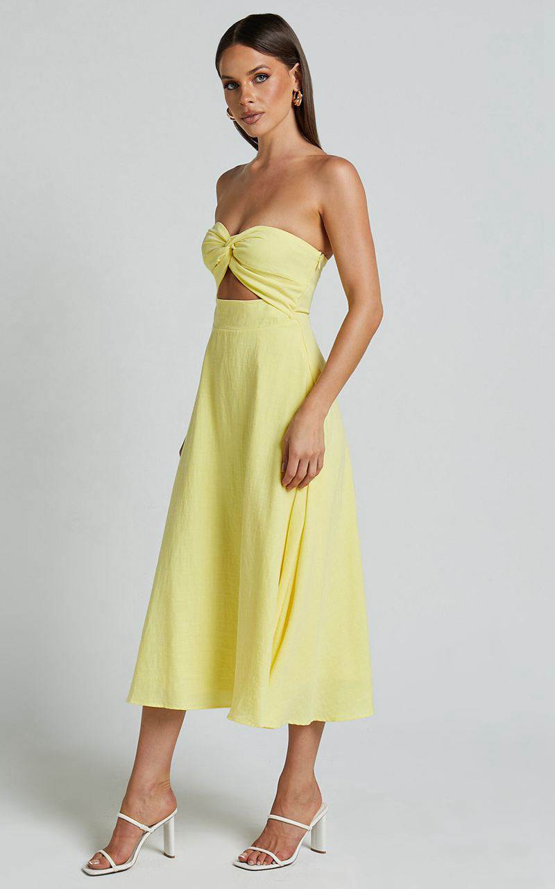 Showpo Avie Midi Dress - Twist Strapless Cocktail Dress Lemon | UHFCNO879