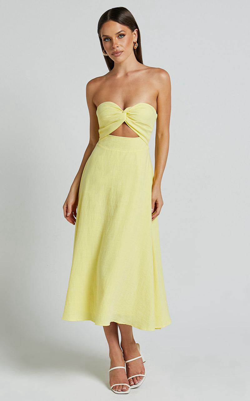 Showpo Avie Midi Dress - Twist Strapless Cocktail Dress Lemon | UHFCNO879