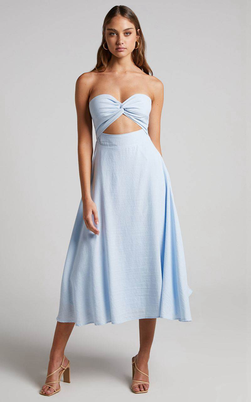 Showpo Avie Midi Dress - Twist Strapless Cocktail Dress Ice Blue | KDEGFR269