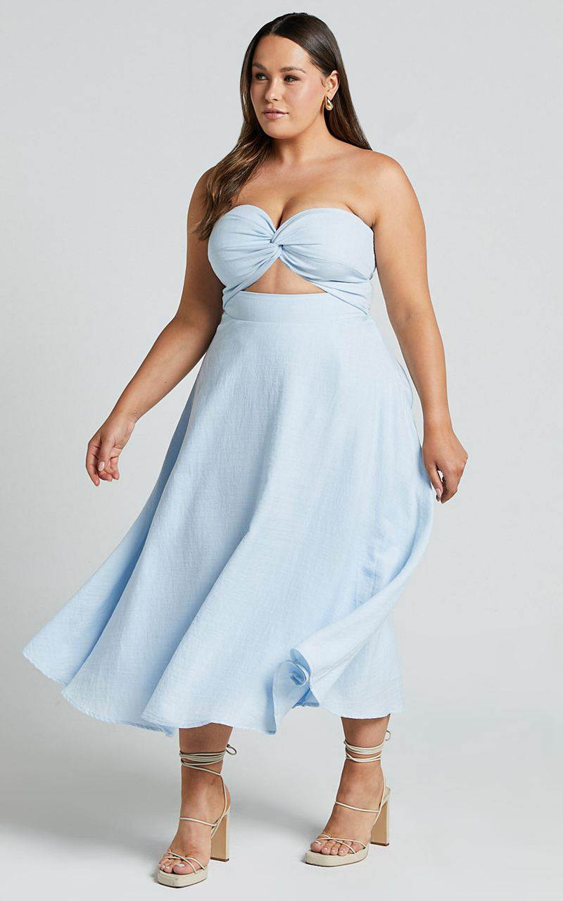 Showpo Avie Midi Dress - Twist Strapless Cocktail Dress Ice Blue | KDEGFR269