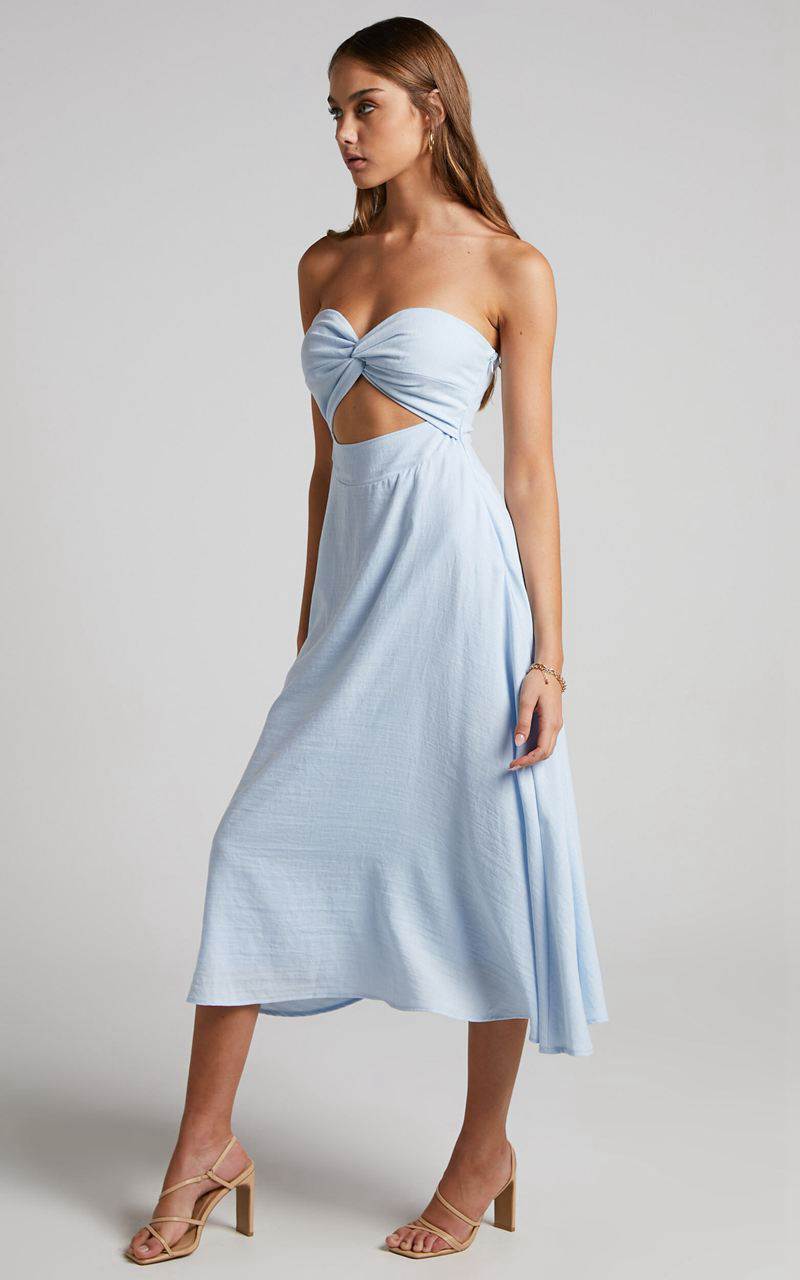 Showpo Avie Midi Dress - Twist Strapless Cocktail Dress Ice Blue | KDEGFR269