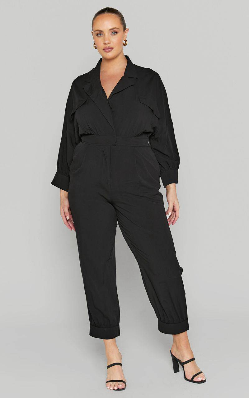 Showpo Ayelin Jumpsuit - Linen Look Relaxed 3/4 Sleeve Jumpsuit Black | IXRUQF806