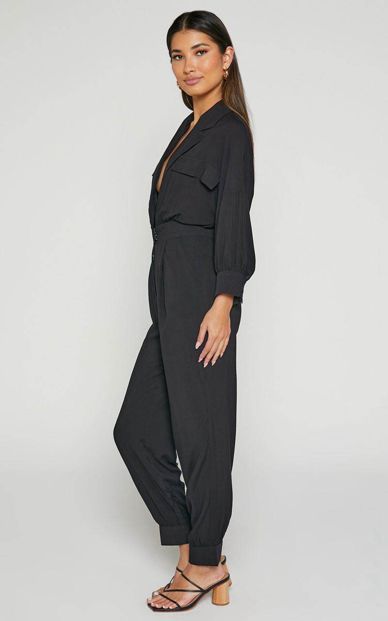 Showpo Ayelin Jumpsuit - Linen Look Relaxed 3/4 Sleeve Jumpsuit Black | IXRUQF806