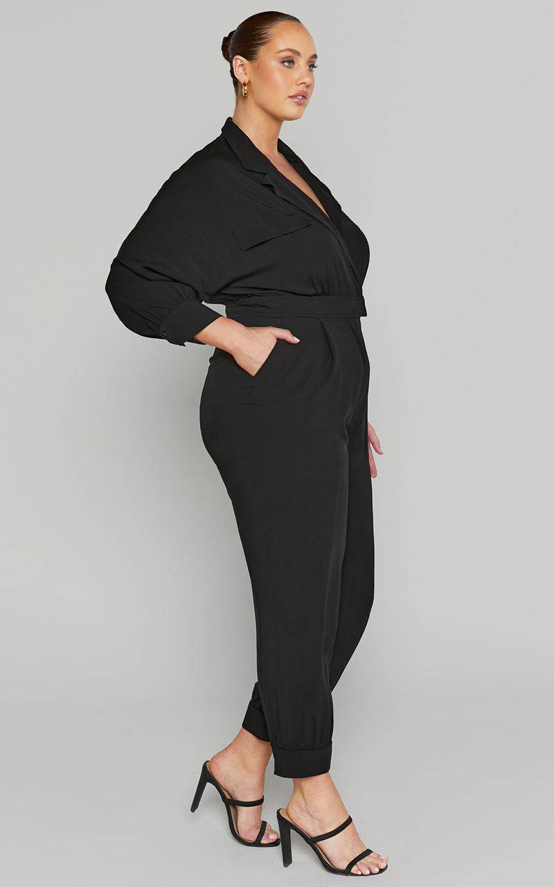 Showpo Ayelin Jumpsuit - Linen Look Relaxed 3/4 Sleeve Jumpsuit Black | IXRUQF806