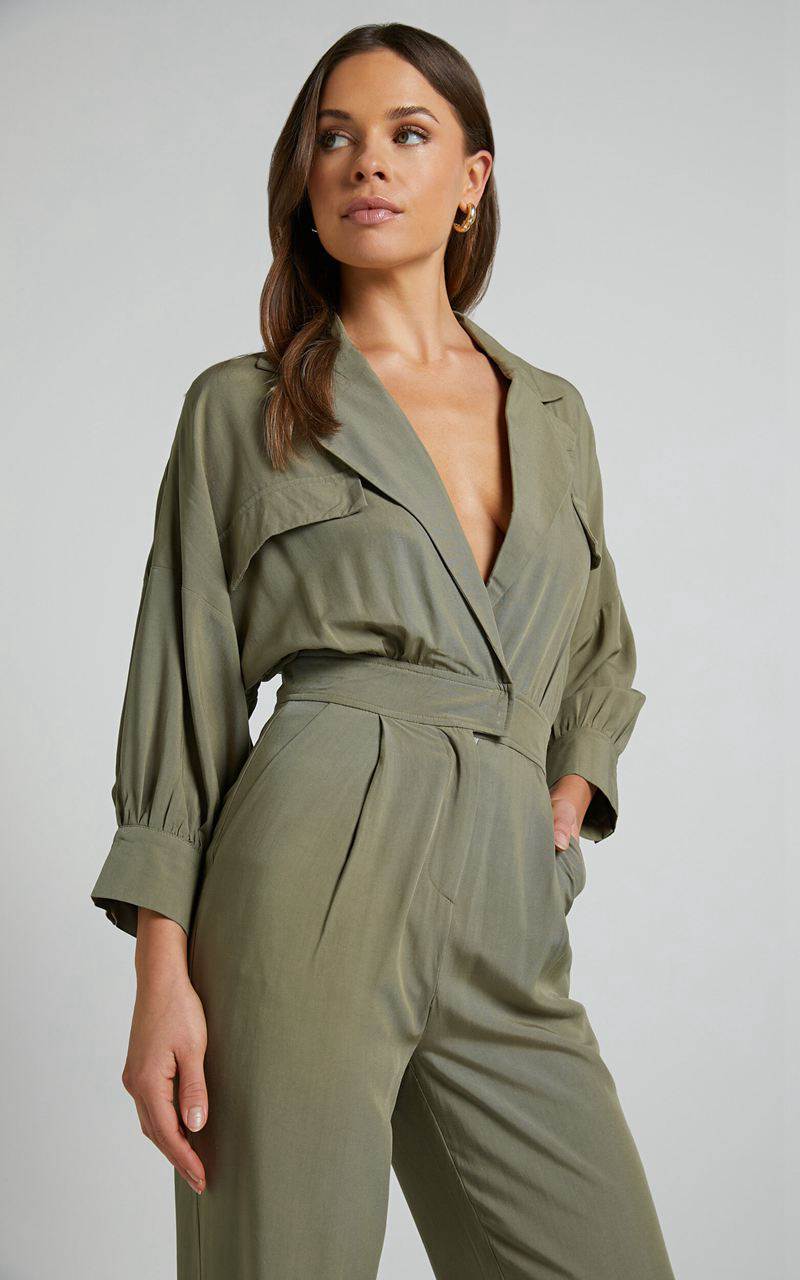 Showpo Ayelin Jumpsuit - Linen Look Relaxed 3/4 Sleeve Jumpsuit Khaki | PGAIUO025