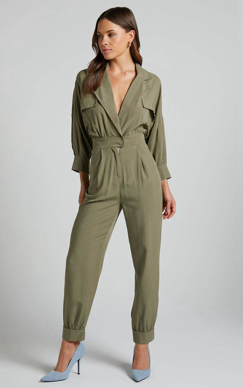 Showpo Ayelin Jumpsuit - Linen Look Relaxed 3/4 Sleeve Jumpsuit Khaki | PGAIUO025