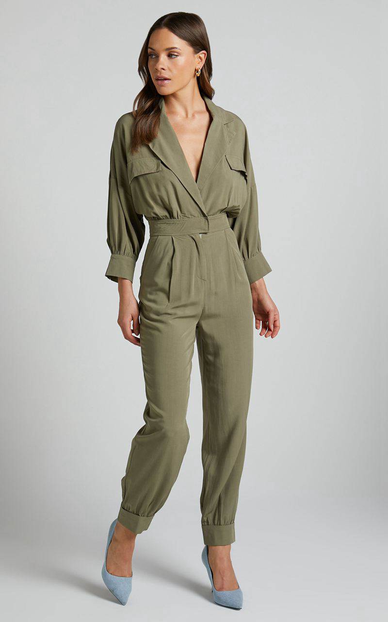 Showpo Ayelin Jumpsuit - Linen Look Relaxed 3/4 Sleeve Jumpsuit Khaki | PGAIUO025