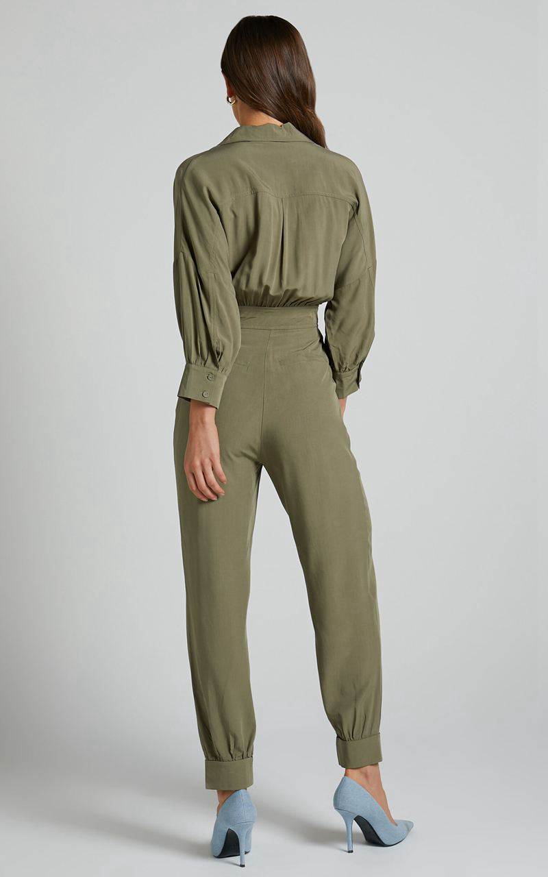 Showpo Ayelin Jumpsuit - Linen Look Relaxed 3/4 Sleeve Jumpsuit Khaki | PGAIUO025