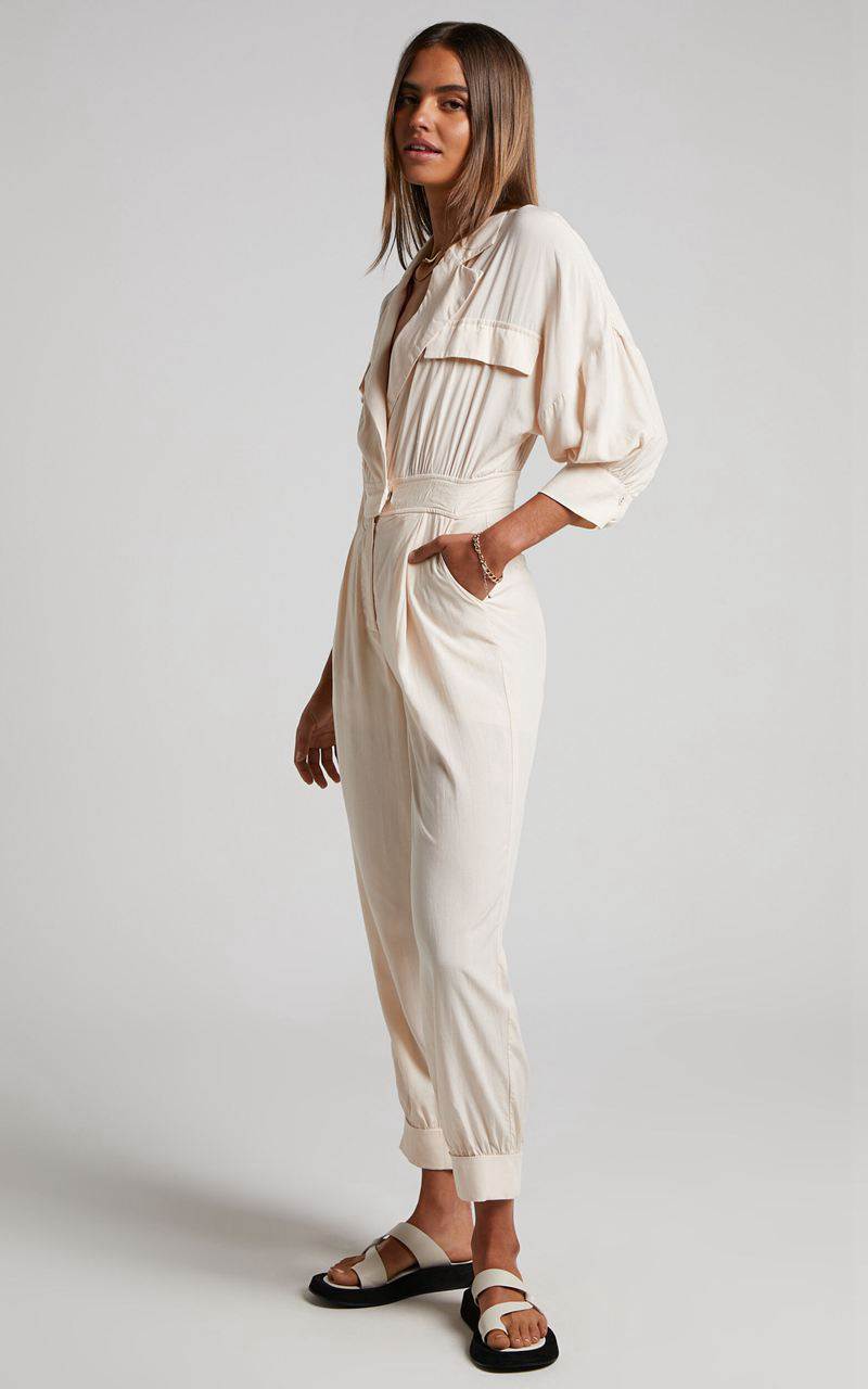 Showpo Ayelin Jumpsuit - Linen Look Relaxed 3/4 Sleeve Jumpsuit Cream | NJTYMW970