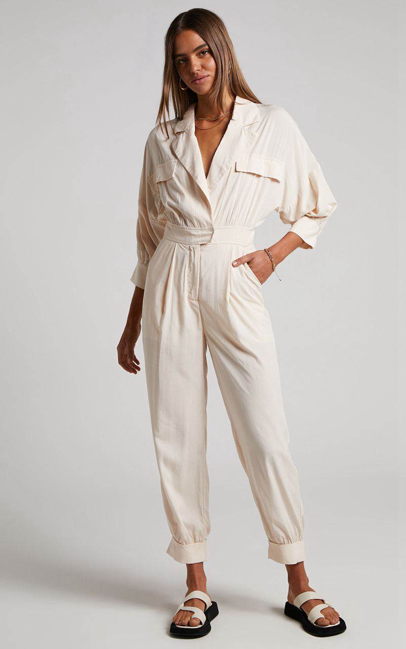 Showpo Ayelin Jumpsuit - Linen Look Relaxed 3/4 Sleeve Jumpsuit Cream | NJTYMW970