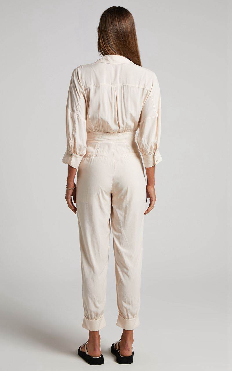 Showpo Ayelin Jumpsuit - Linen Look Relaxed 3/4 Sleeve Jumpsuit Cream | NJTYMW970