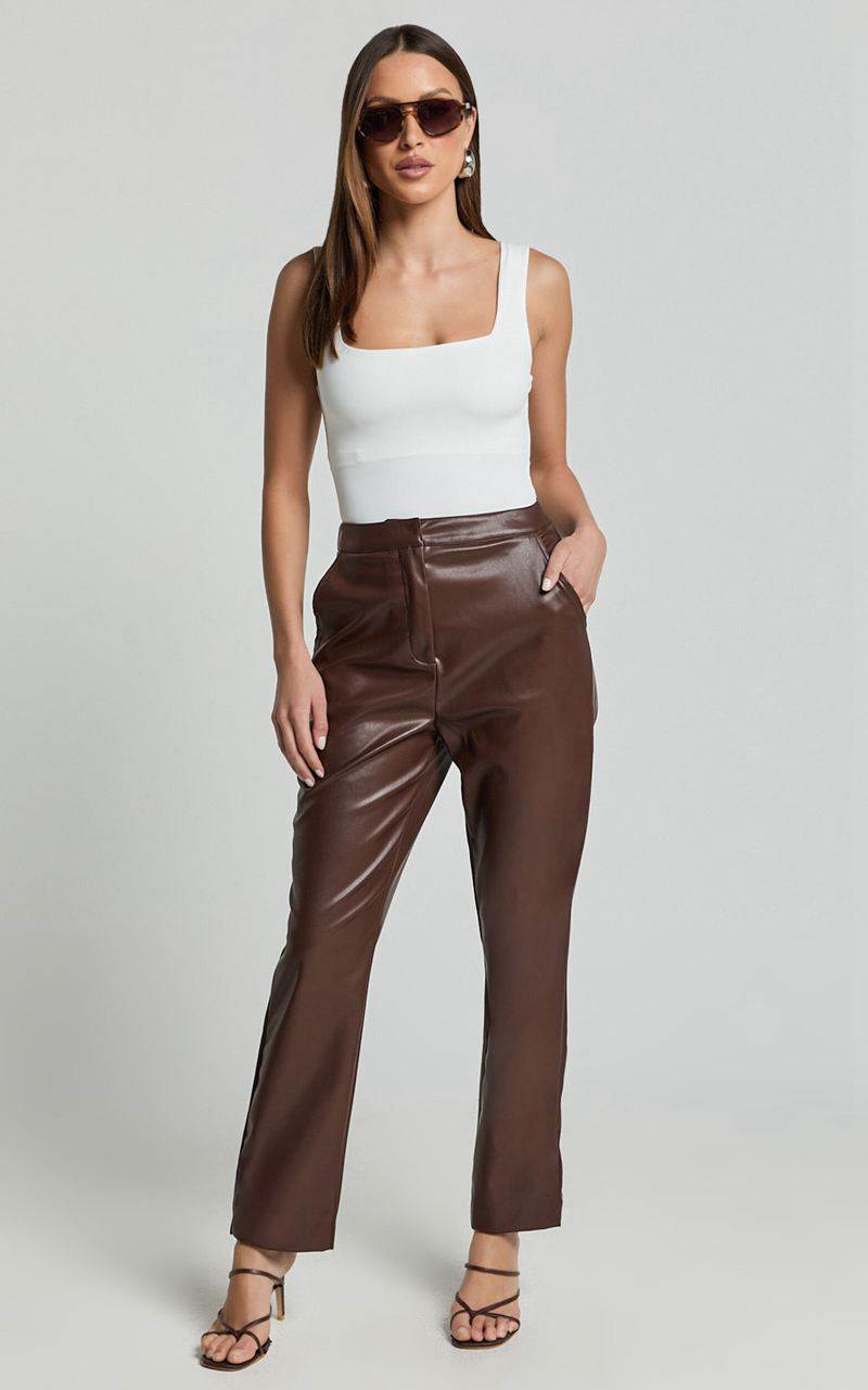 Showpo Azelia Pants - Mid Rise Cropped Faux Leather Pants Dark Chocolate | VLRCEQ275