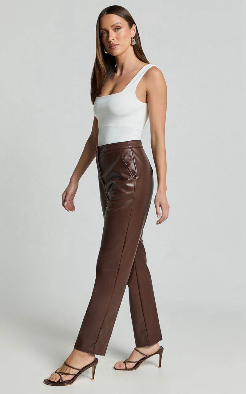 Showpo Azelia Pants - Mid Rise Cropped Faux Leather Pants Dark Chocolate | VLRCEQ275