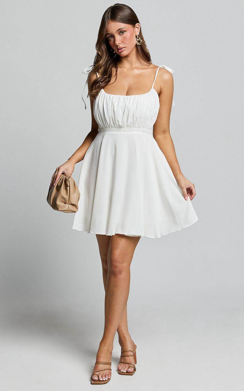 Showpo Aziah Mini Dress - Tie Shoulder Ruched Bodice Dress White | CHGZXD917