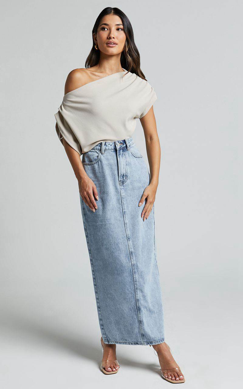 Showpo Bailee Midi Skirt - Denim Column Back Split Skirt Light Blue Wash | OVSNYX730