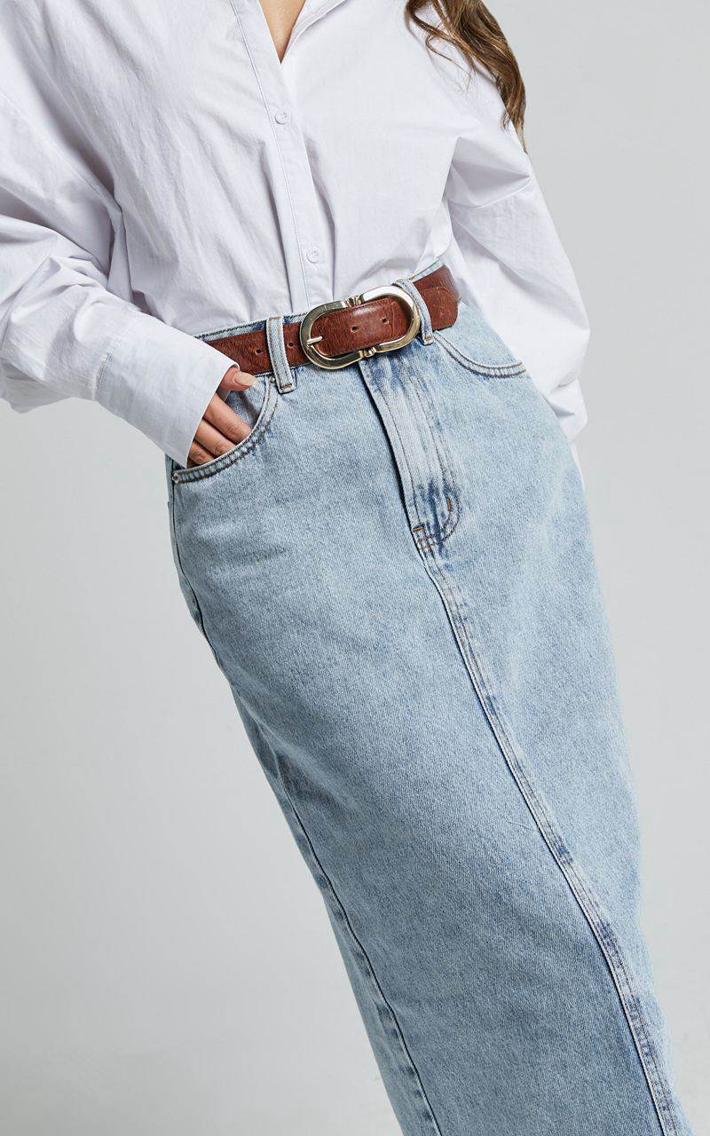 Showpo Bailee Midi Skirt - Denim Column Back Split Skirt Light Blue Wash | OVSNYX730